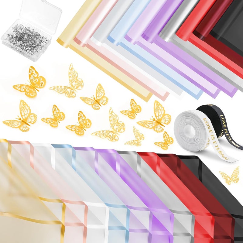 NESCCI 200 Sheets Flower Wrapping Paper - Waterproof Florist Bouquet Paper,70Ft Satin Ribbon, 36 Pcs 3D Butterflies 100 PCS Flower Pins for Wedding Birthday Gift DIY(Translucent Multicolored) - Image 1